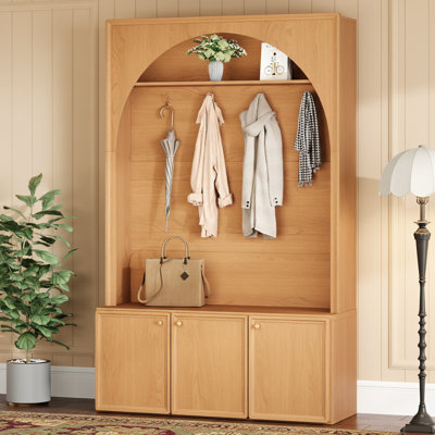 Arbre d'entrée avec banc de rangement, rangement à crochets à manteau, design arqué, contemporain, rangement pour vestibule