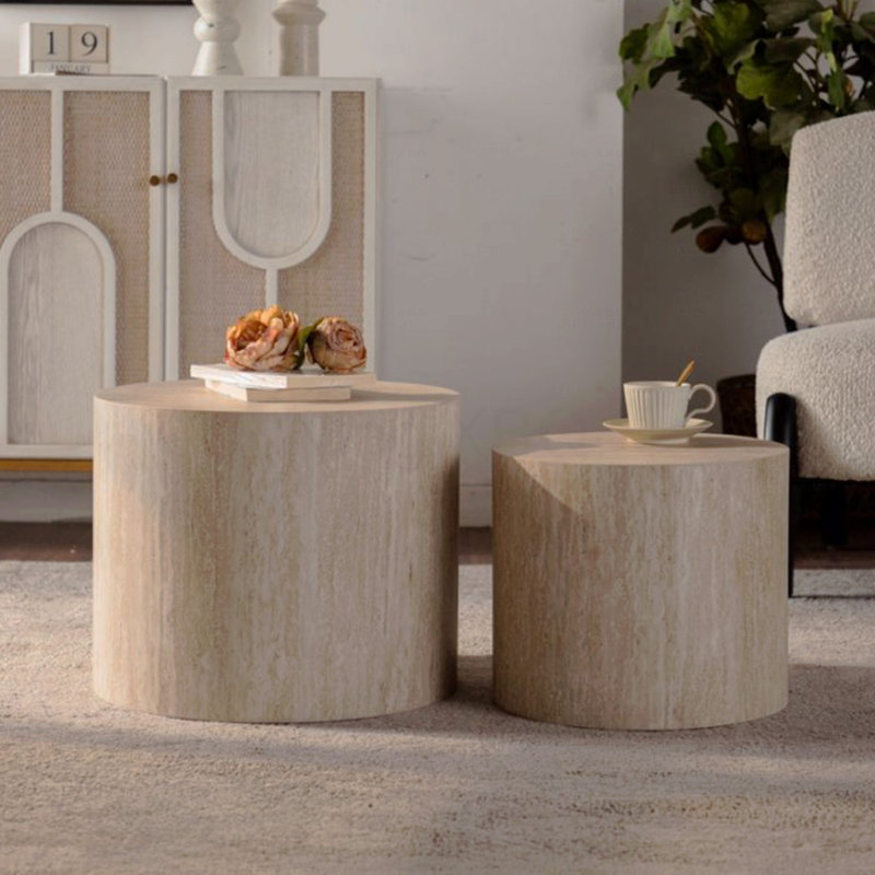 Table basse ronde avec 2 tables gigognes en bois pour salon et table d'appoint, Ambre