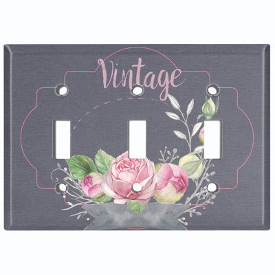 Metal Light Switch Plate Outlet Cover (Vintage Pink Roses Flower Frame Dark Grey - Single Toggle)