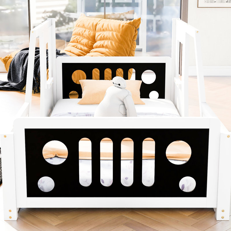 Lit plateforme simple avec roulettes Classic Car Style, blanc et bois de pin, Lit simple, Blanc