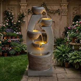 31'' H Modern Outdoor Fountain Resin Outdoor Garden Fountains with Contemporary Design LED Light for Garden, Patio, Deck, Porch, Backyard and Home Art Decor