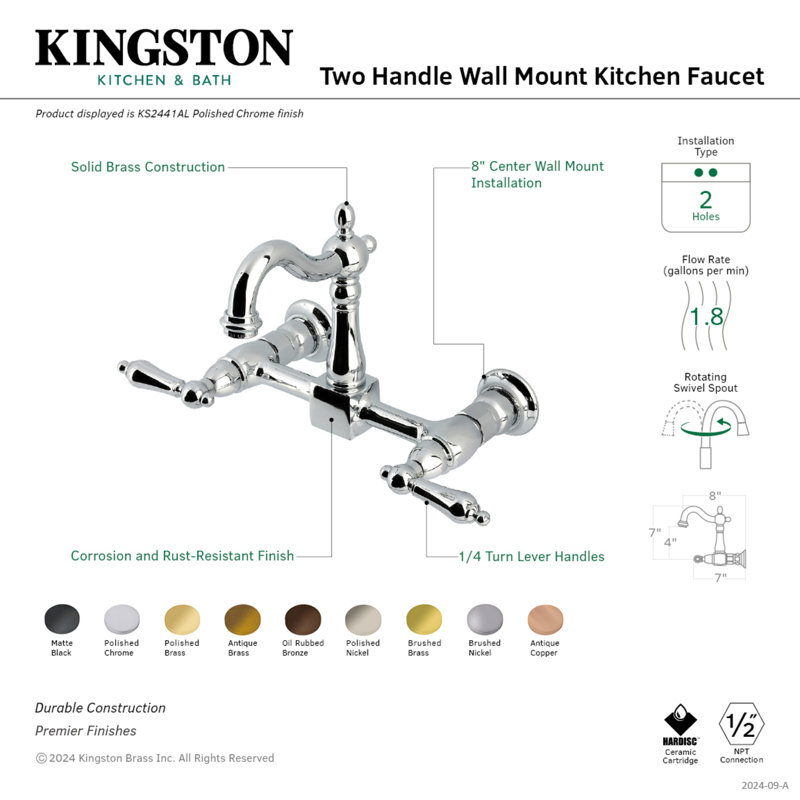 Kingston Brass Heritage Double-Handle 2-Hole Wall-Mount Bridge Kitchen Faucet, Oil Rubbed Bronze