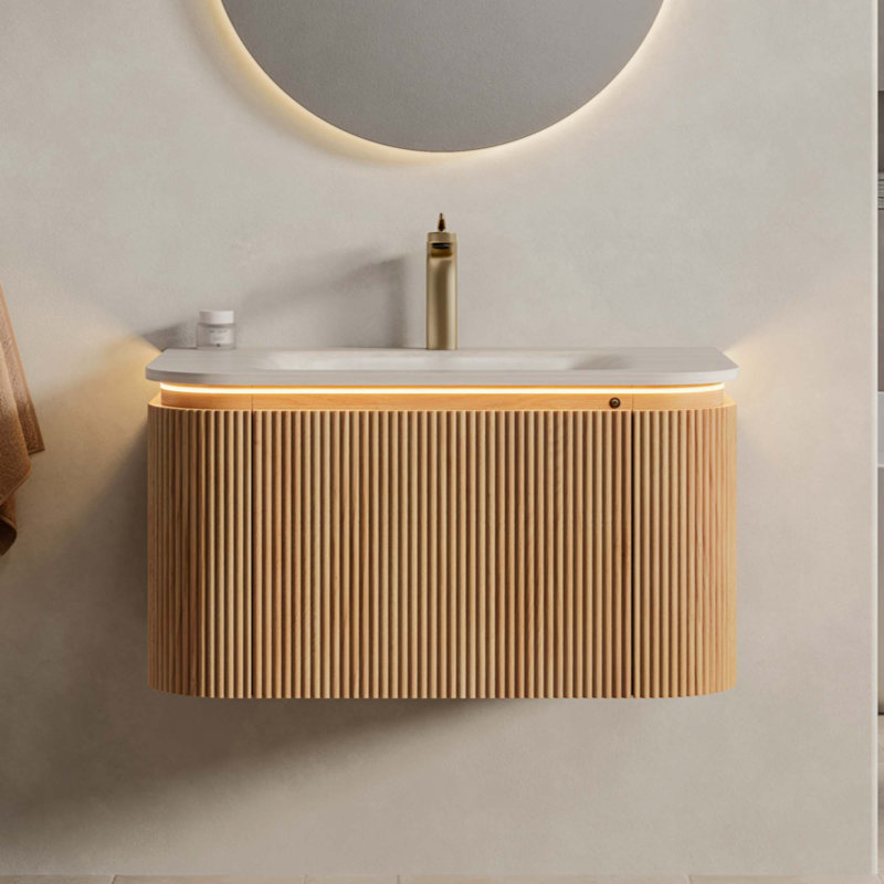 Meuble-lavabo de salle de bain et meuble-lavabo rayé à bords arrondis avec tiroir, lumière à capteur, lavabo intégré en pierre frittée à motif de travertin, pré-assemblé