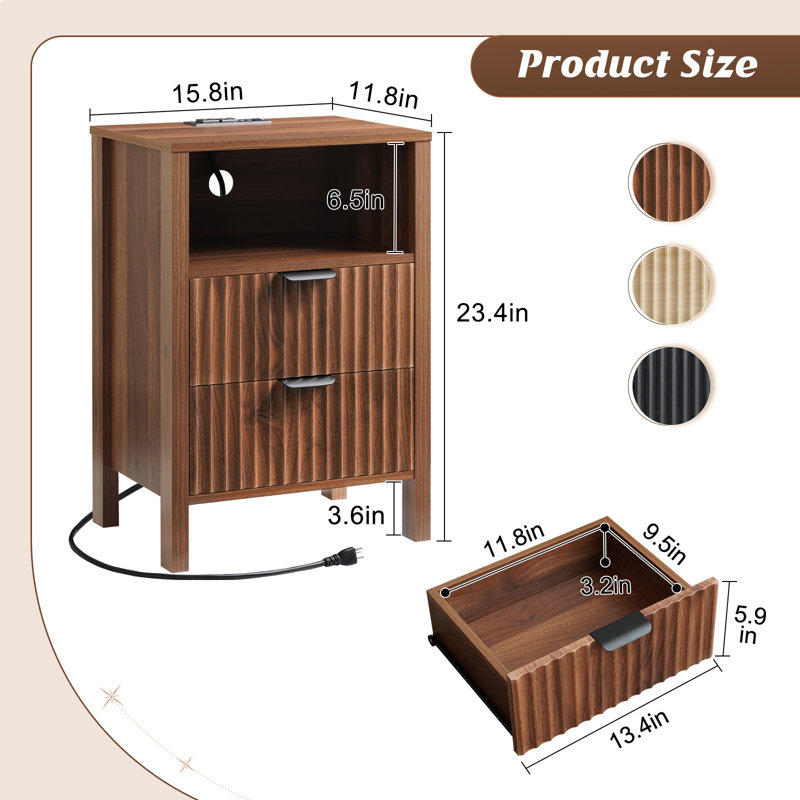 Mid-Century Modern Fluted Nightstand Set of 2, Walnut Wood Nightstands with Charging Station,  Bedside Table Set of 2 for Bedroom, 15.8"D x 11.8"W x 23.4"H