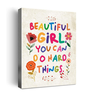 Beautiful Girl You Can Do Hard Things Wall Art,Inspirational Quotes Canvas Framed Artwork For Girls Room,Teen Girl Bedroom Girls Room Wall Decor