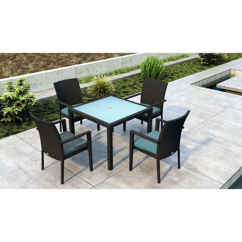 Thornaby 4 - Person Wicker Patio Dining Set with Square Table, Cast Lagoon Sunbrella® Plainweave