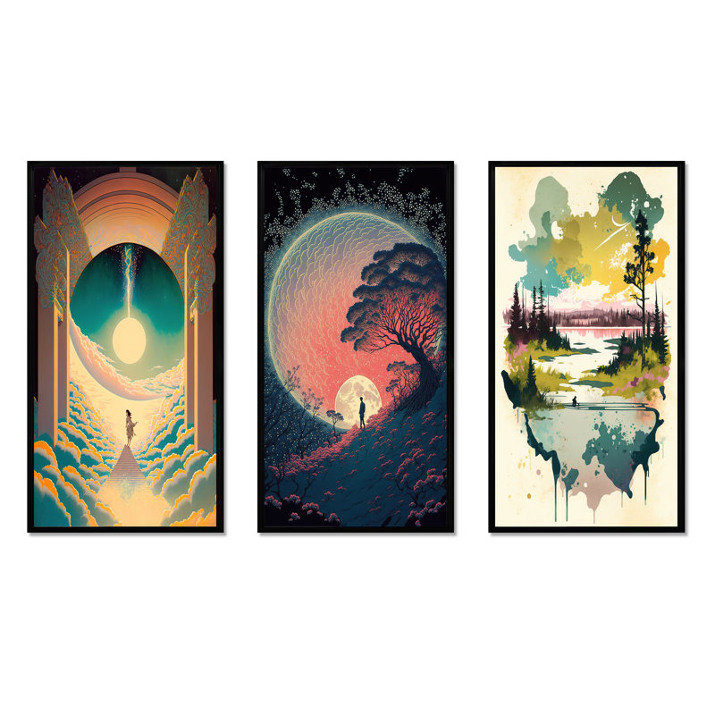 «Walking Towards The Full Moon», 3 pièces sur toile, Cadre flottant noir, H 20 po x l 36 po