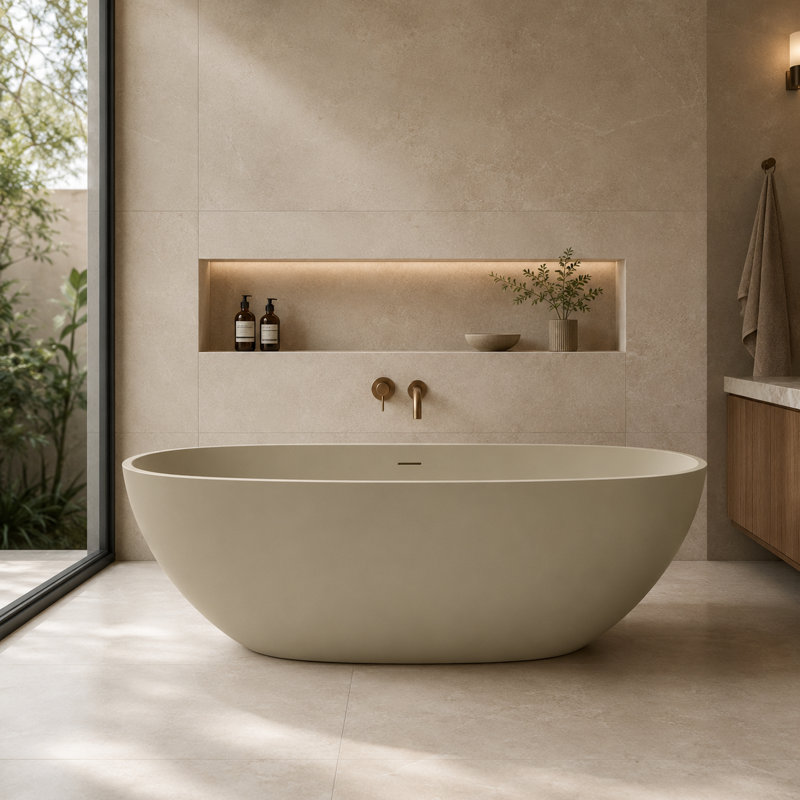 67" Solid Surface Freestanding Soaking Bathtub, Oval Khaki Matte Finish