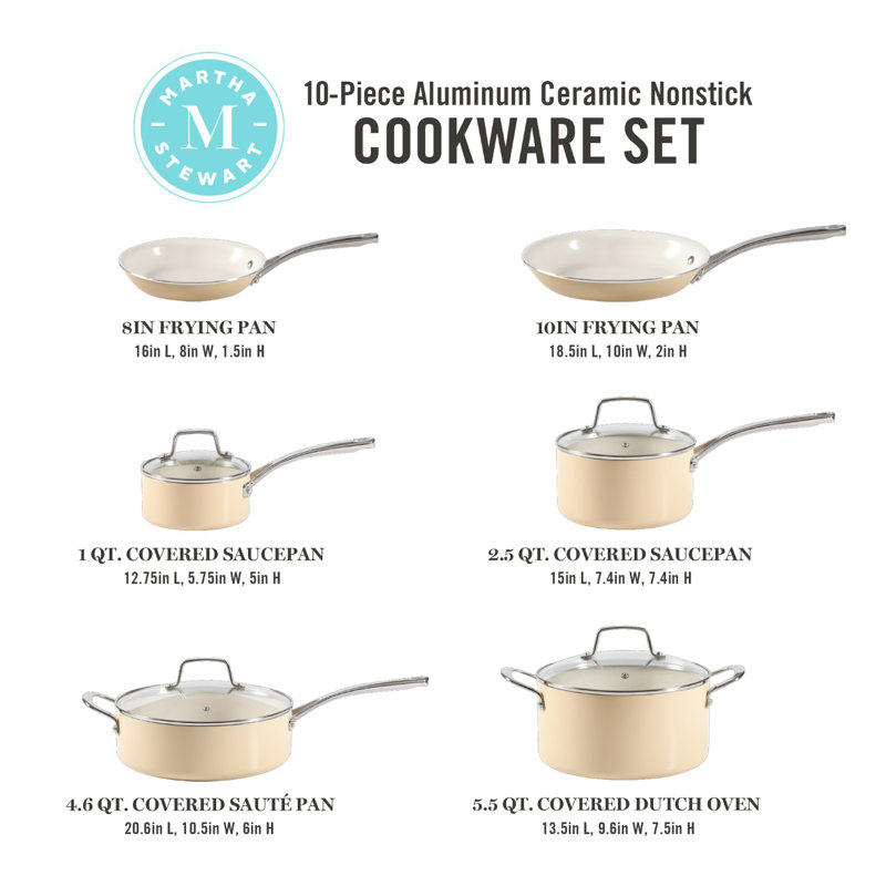 Martha Stewart Lockton 10 pièces en aluminium émaillé antiadhésif sans PFA de qualité supérieure, Rose clair / argent