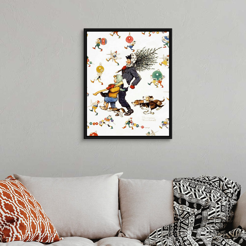 «Norman Rockwell Bringing Home The Tree», art mural sur toile, Cadre flottant noir, H 32 po x l 26 po x P 1,75 po