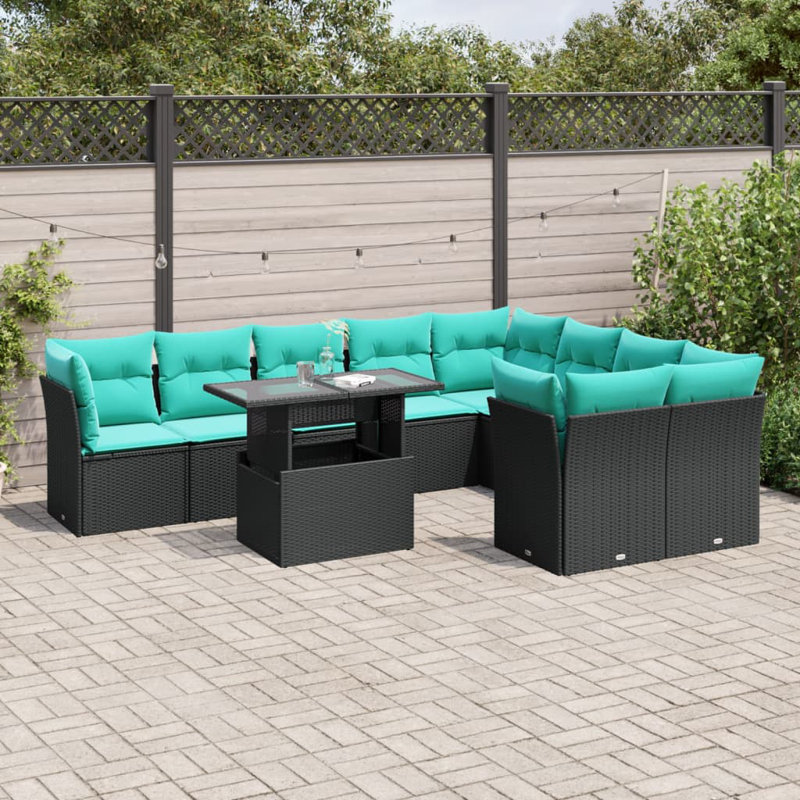 Ensemble de canapé de patio 10 pièces avec coussins en rotin de polyester, Bleu clair, Noir