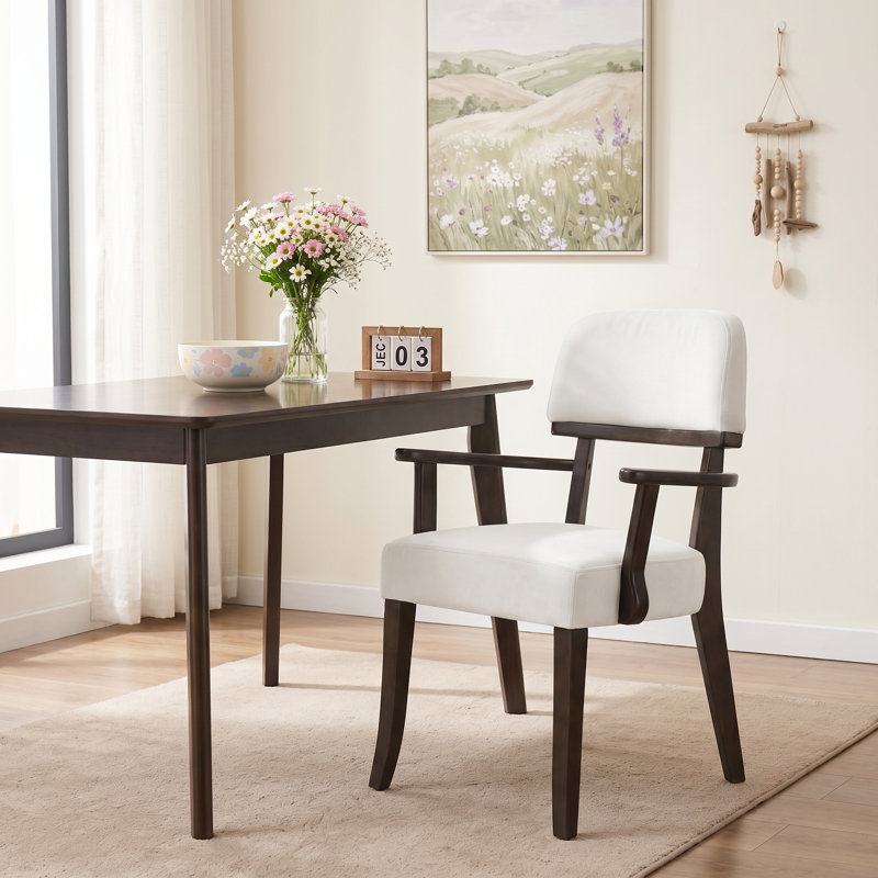 Modern Upholstered Solid Wood Dining Chair With Arms, White Velvet