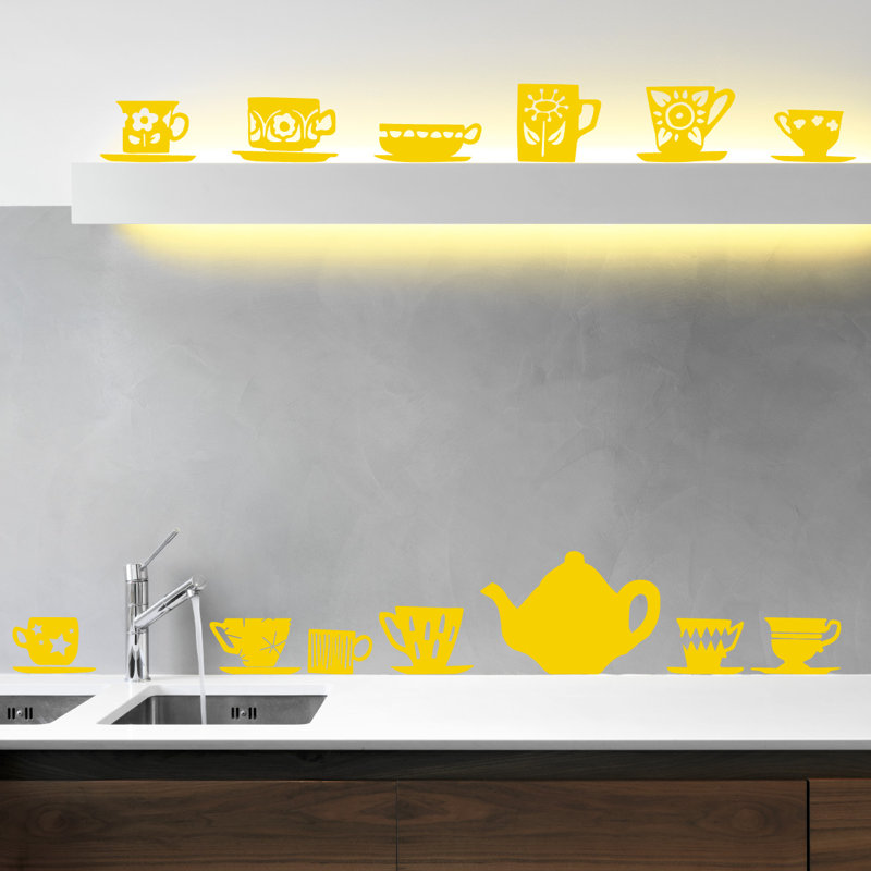 Décalcomanie murale tasses de thé, H 32 po x l 33 po x P 0,01 po, Jaune clair