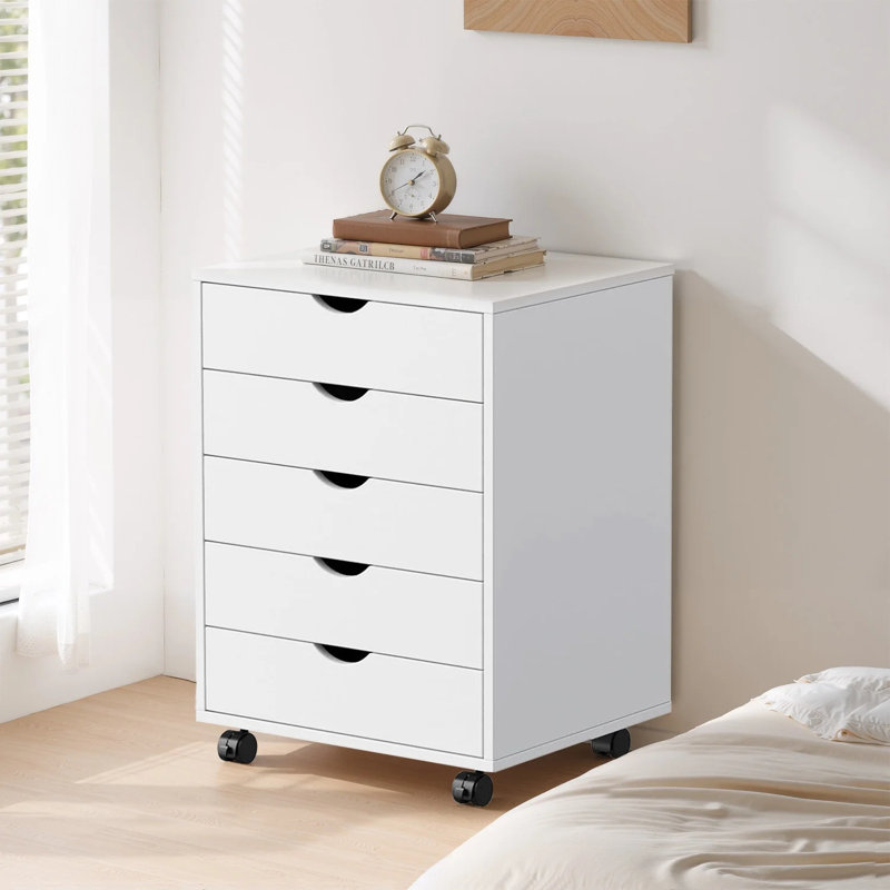 5 Drawer Chest Mobile Storage Cabinets Small Wooden Dresser With Wheels Room Organization Furniture For Office Home, White