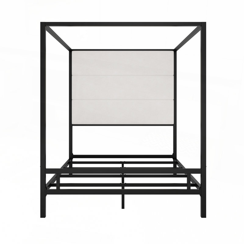  Modern Canopy Bed with 76.5" Tall Velvet Fabric Upholstered Headboard Metal 4-Poster Bed Frame, Box Spring Needed, Black