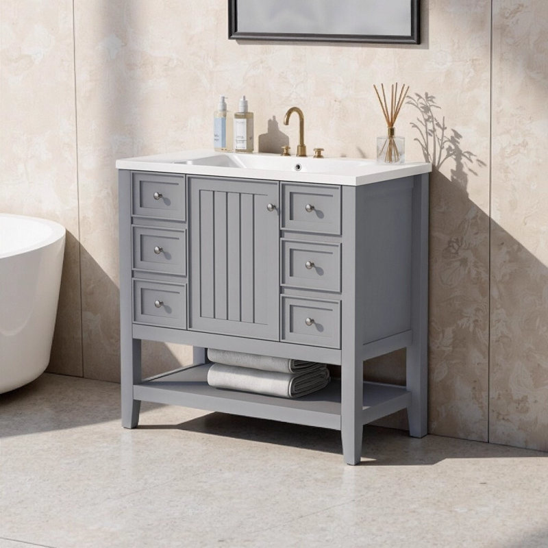 Meuble-lavabo 36 po avec lavabo, meuble autoportant gris moderne à 3 tiroirs et tablette ouverte, fabrication en bois massif et panneau de fibres à densité moyenne avec plateau en céramique