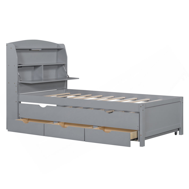 Lit plateforme simple en bois avec lit gigogne et tête de lit à DEL avec tiroirs, gris, Gris, Lit simple