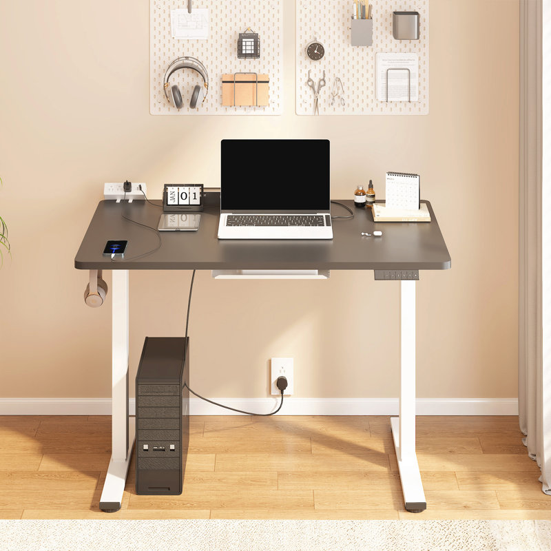 Home Office Height Adjustable Standing Desk With Built-in Power Outlet, Black/White