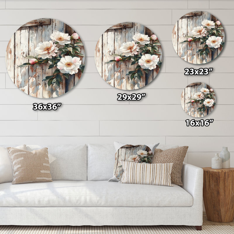 Picard - Art mural blanc traditionnel en métal, impression de pivoines sur un cercle en métal, H 29 po x l 29 po