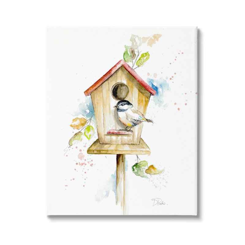 Printemps, jardin, maison d'oiseaux, arrière-cour, illustration de Robin Pinto, H 24 po x l 30 po, Cadre blanc