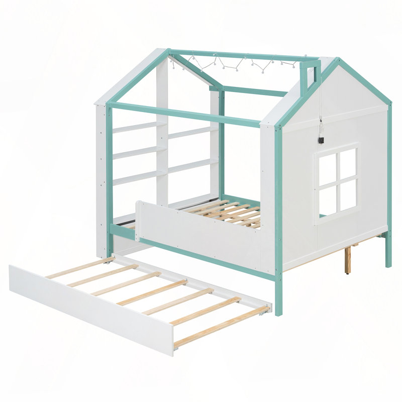 Lit maison avec lit gigogne et éclairage DEL, White+Blue