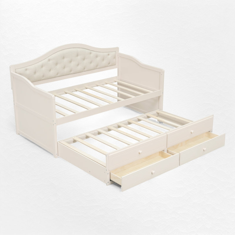 Twin Daybed With Trundle And 2 Drawers, Beige