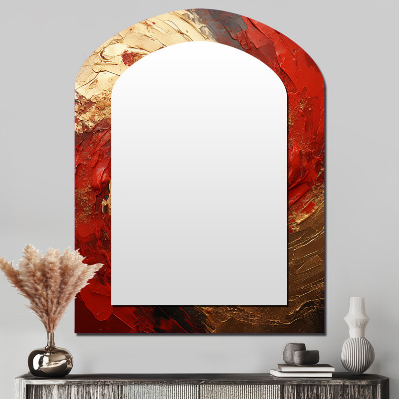Fusion en or rouge rouge - spirale abstraite, décor de miroir mural unique, grand miroir asymétrique doré, impression d'art en métal