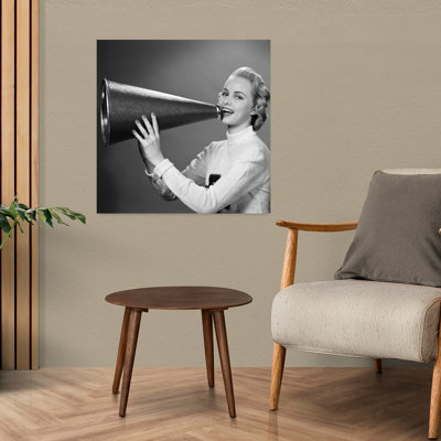 1950S Blonde Woman Cheerleader Yelling Into Megaphone Looking At Camera Classic Retro Vintage Portrait Wall Art