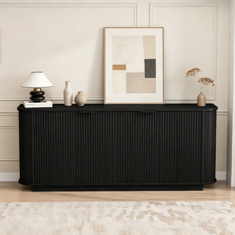 63" Double-Door Wavy Storage Sideboard Buffet Cabinet with Adjustable Shelves for Living Room, Kitchen, Hallway, etc., Black