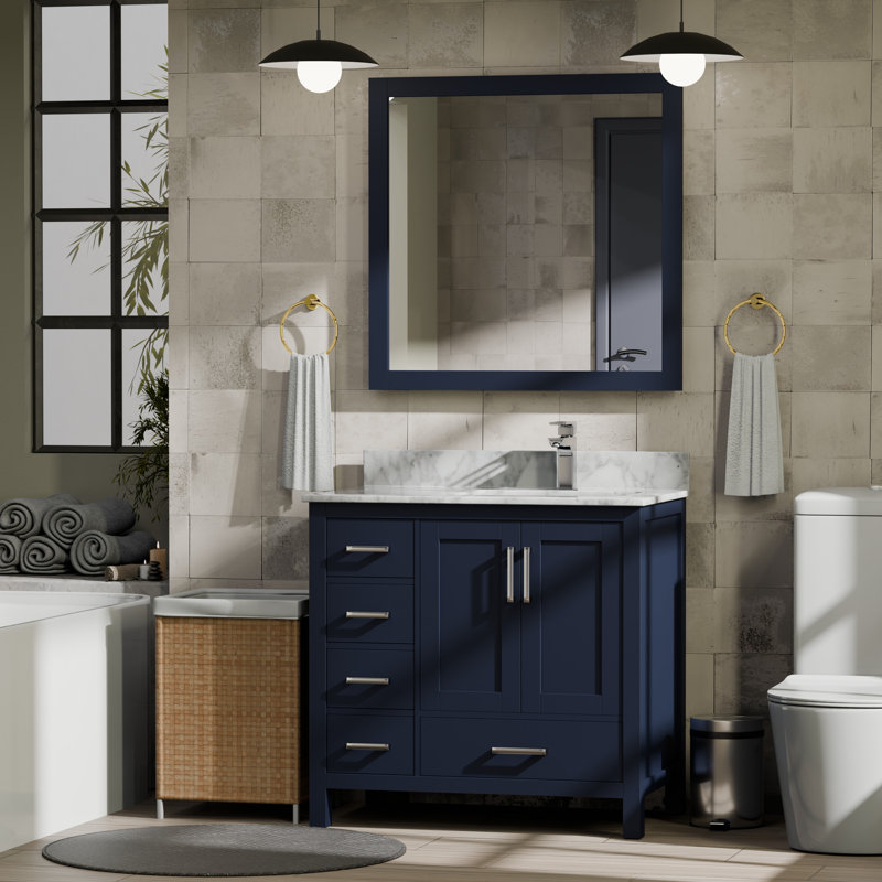 Meuble-lavabo décalé à droite et dessus blanc 36 po x P 22 po Jacques, Marine, Marbre de Carrare blanc