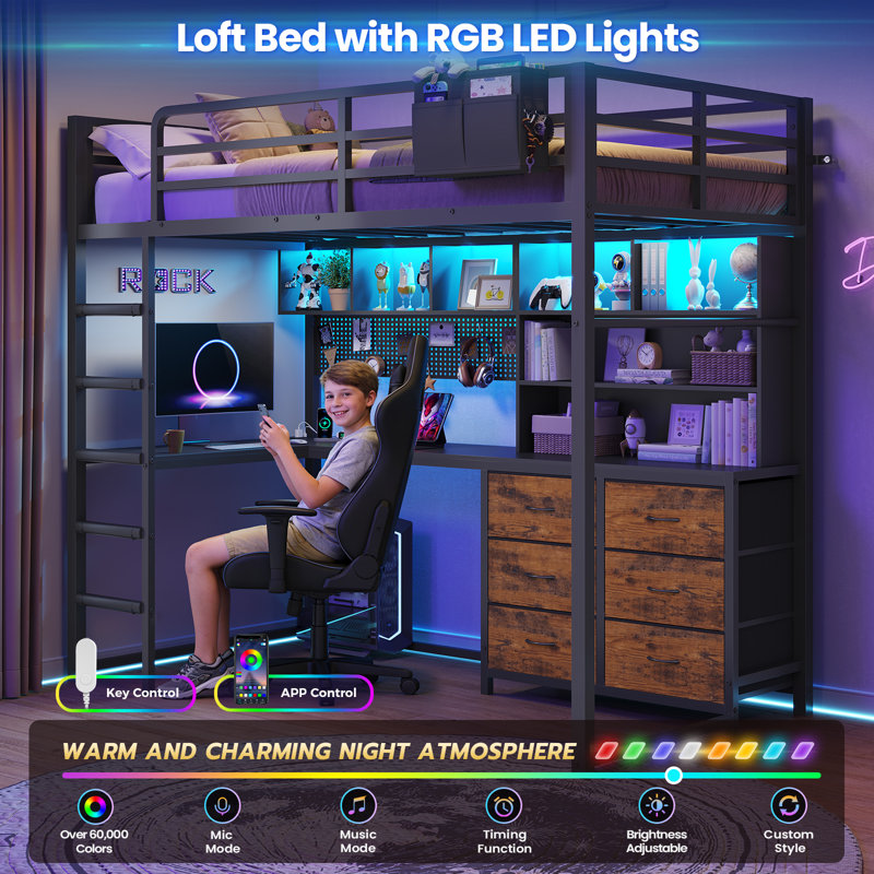 Twin Loft Bed With L-shaped Desk, 7 Storage Drawers And Charging Station, Metal Loft Twin Beds With Led Lights, Bookcase Storage, Large Pegboard, Safety Guardrail And Ladder, Black