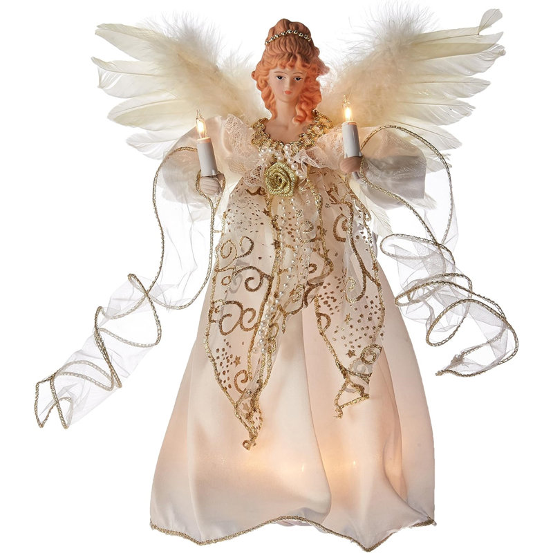 Ivory and Gold Porcelain Angel Christmas Tree Topper with Feather Wings