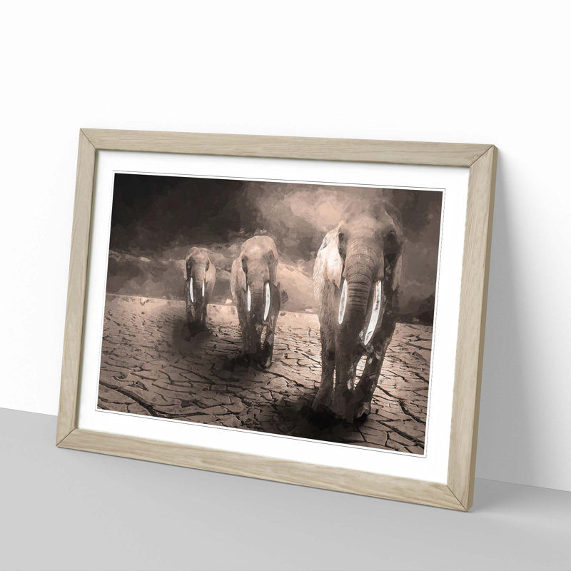 Trio of Elephants in Abstract - Picture Frame Graphic Art Print, Oak, 40cm H x 60cm W x 2cm D