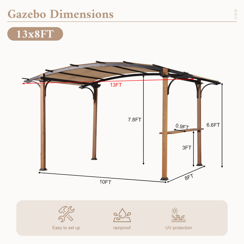 Premium 8.5' X 13' Outdoor Metal Pergola Gazebo With Arched Canopy, Shelves & Bar Top - Natural Wood-look Frame For Patio, Garden, Backyard & Barbecue