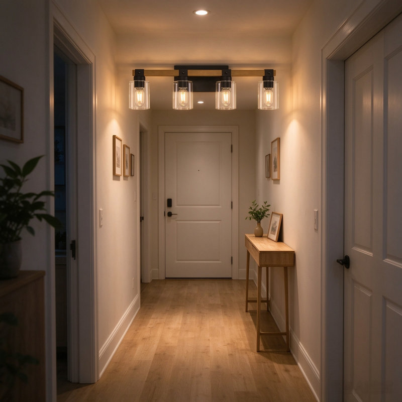 Applique murale rustique de salle de bain 4 lumières en bois massif avec abat-jour en verre clair pour salle de bain