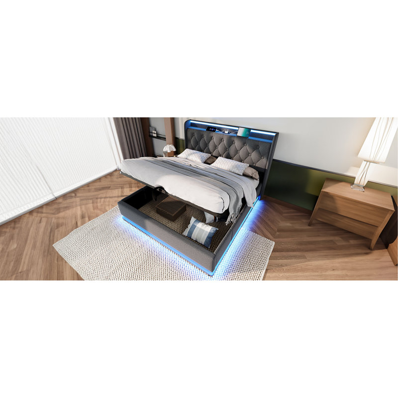 Lit tapissier, fonction DEL à 360 degrés, boutons / applications / télécommande, lit de rangement hydraulique avec chargement USB Type-C, lin (sans matelas)
