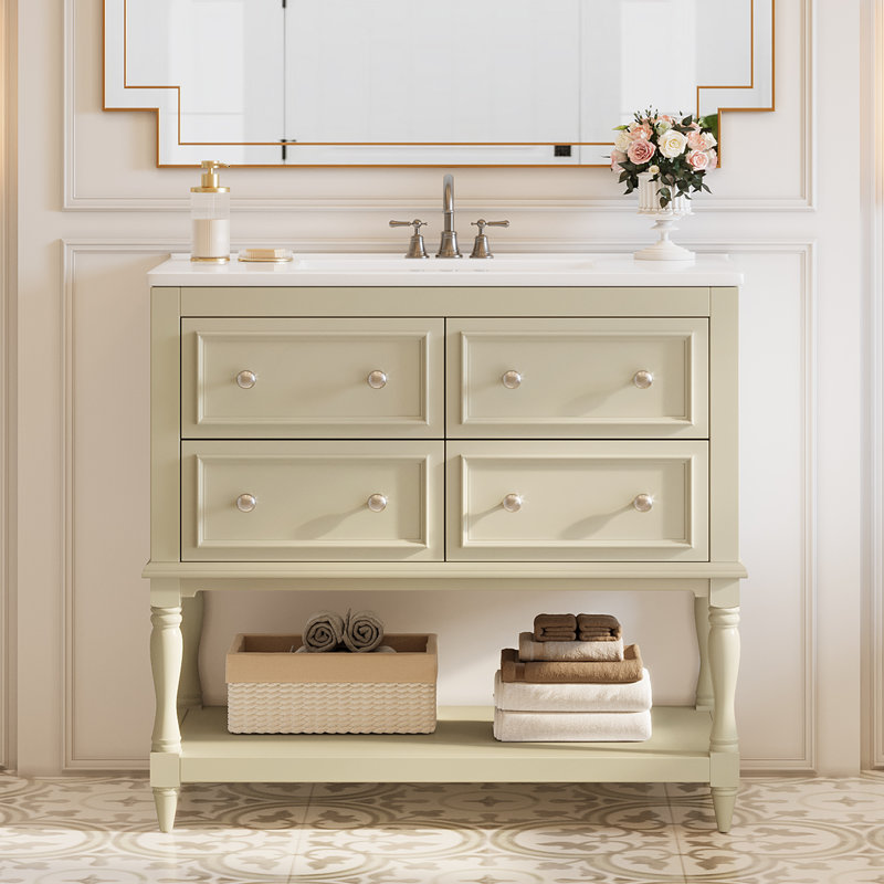 35.4" Single Bathroom Vanity with Ceramic Sink Top，Spindle-shaped design，Solid wood, Beige