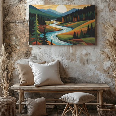 Art mural sur toile, rivière et forêt stylisée, paysage moderne mid-century