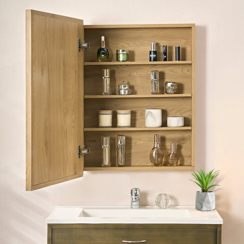 24" Oak Wooden Medicine Cabinet with Beveled Frame Adjustable Shelves, Wall Mounted or Recessed Design for a Warm and Stylish Bathroom Upgrade