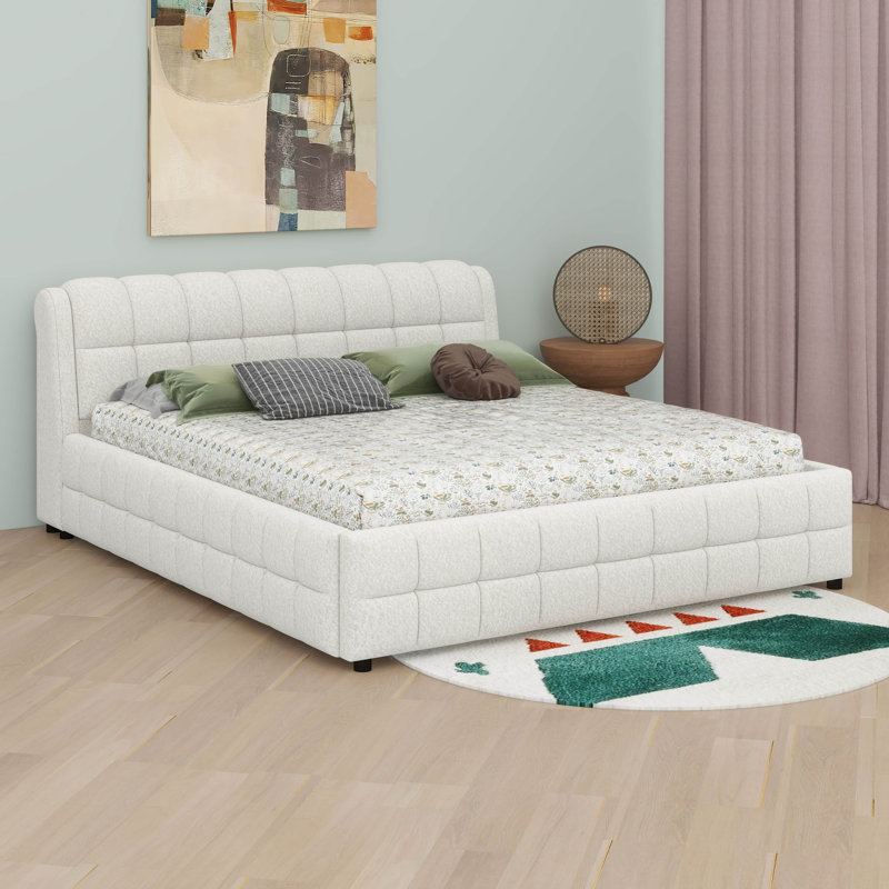 Lit plateforme tapissier avec tête et pied de lit épais, structure de lit tapissier avec motif, Très grand, Blanc