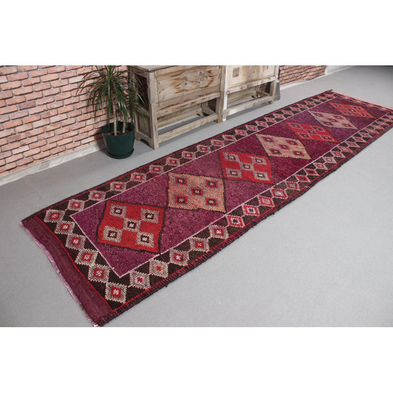 Antique Turkish Vintage Wool Runner Rug in Neutral and Purple For Hallway Decoration