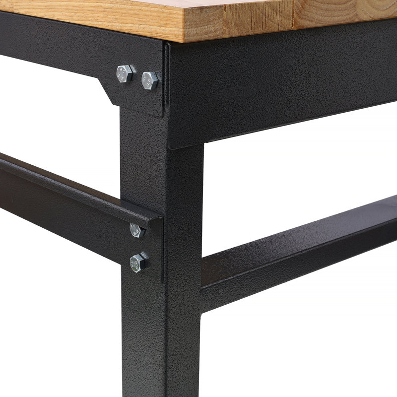 Établi - Établis roulants de garage de 35 po de largeur - Hauteur réglable, banc d'atelier, plateau en métal avec plateau en bois d'hévéa, pied martelé noir