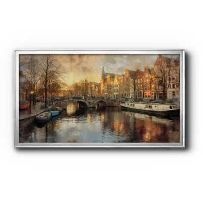 Tableau sur toile encadrée représentant un canal d'Amsterdam au coucher du soleil - Paysage urbain - Série Paysage CCXVII, ouverture 20 x 40 cm, cadre argenté, dimensions extérieures 23 x 43 cm
