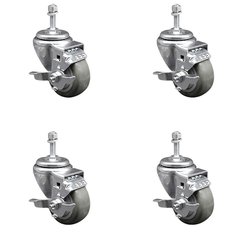 Ensemble de roulettes à tige filetée pivotante de 3,5 pouces de 3/8 po avec frein, Gris