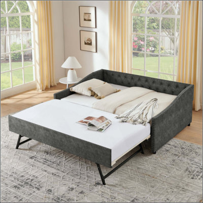 Daybed With USB Charging &  Pull-Out Extendable Bed, With Button On Back And Copper Nail On Waved Shape Arms