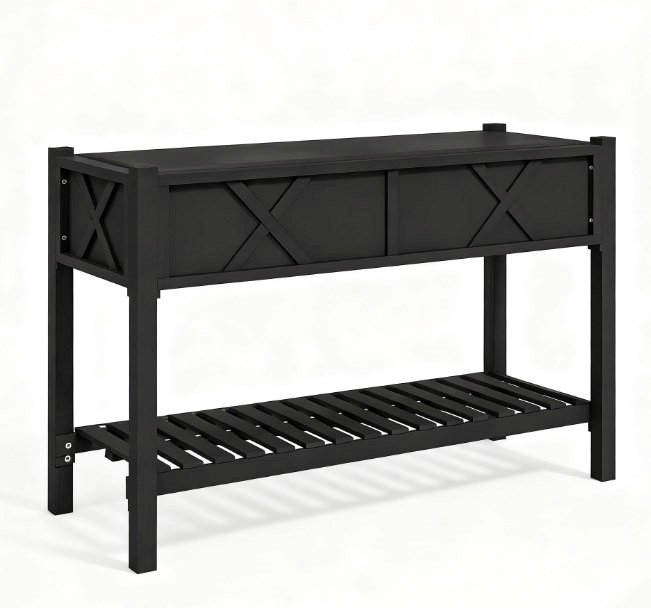 Elevated Wood Planter Box,Raised Garden Bed,With Storage Shelf,Drainage Holes,And Liner, Black