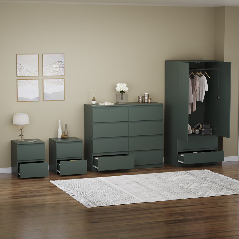 Tanino 4 Piece Bedroom Set (2 Drawer Large Bedside Chest X2, 8 Drawer Chest, 2 Door 2 Drawer Wardrobe), Green