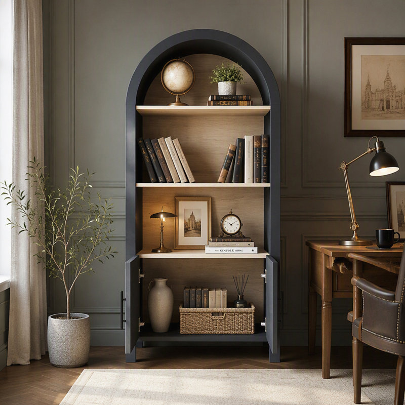 Bibliothèque cintrée de 169 cm de haut avec porte, style moderne du milieu du siècle, meuble à trois niveaux, noir