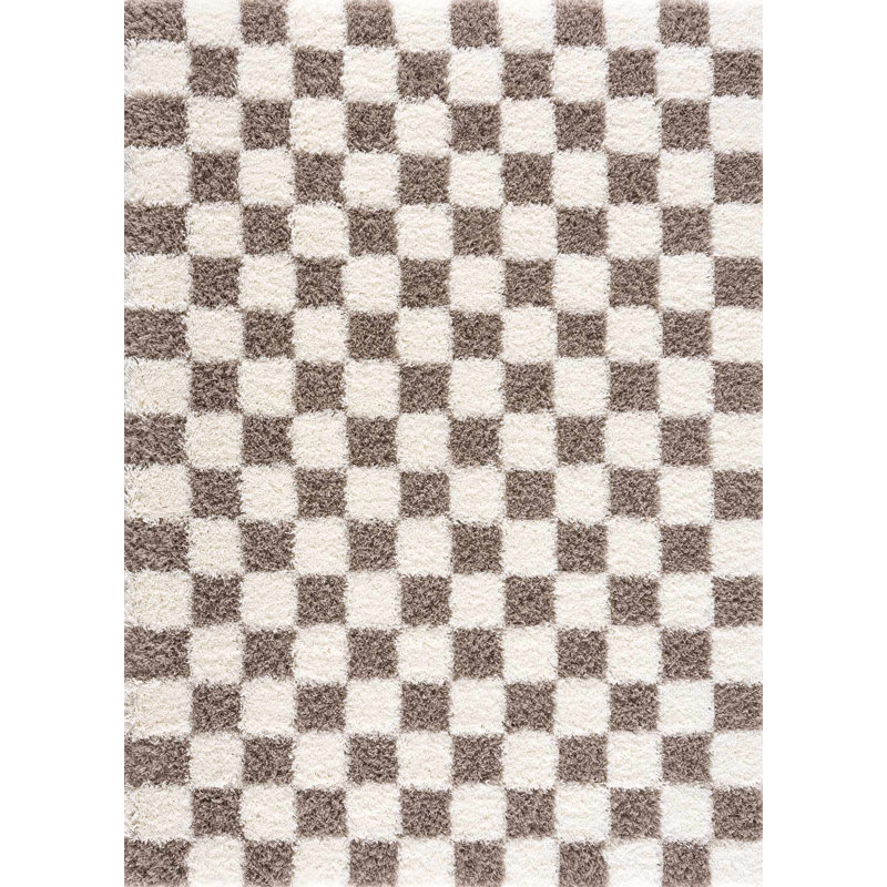 Atiran Checkered Shag Brown Area Rug, Rectangle 4' x 6'