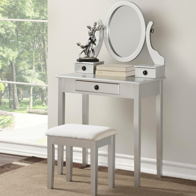Coiffeuse à maquillage en bois en argent - 3 tiroirs de rangement, miroir réglable, table de décoration de chambre à coucher avec tabouret en bois, tiroirs, miroir pour améliorer la beauté